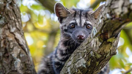 A curious civet peers through lush greenery, showcasing attentive eyes and natural camouflage