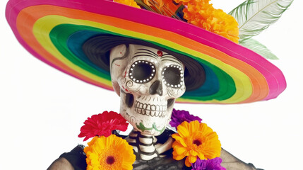 Skeleton sporting a multicolored hat decorated with flowers, symbolizing festivity.