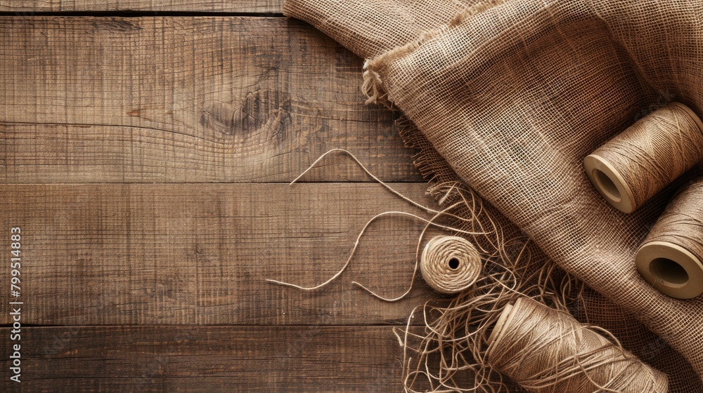 Poster top down view of burlap fabric thread spool and jute on wooden surface with available space for text