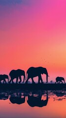Naklejka premium Elephant Family, A silhouette of a family of elephants walking in a line