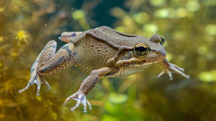 A dynamic image of a frog in mid-swim, highlighted by the murkiness of the surrounding pond water