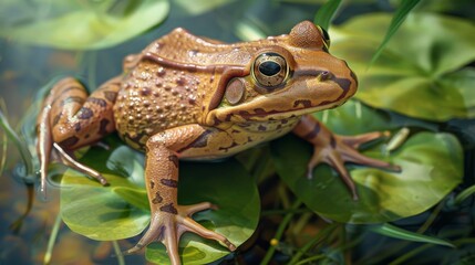A frog with striking skin patterns resting on a leafy background, exuding a sense of calm