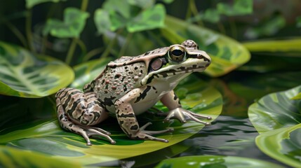 A close-up, highly detailed image of a spotted frog sitting comfortably among lush green foliage, capturing the intricacies of its skin texture