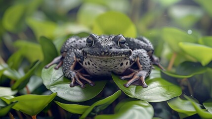 A lens-flattering front-facing shot of a frog showcasing detailed skin texture among a bed of fresh green leaves, adding life to the image