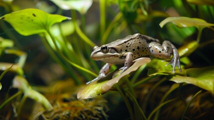 A striking image featuring a frog perched on a branch surrounded by a lively array of plants, highlighting its active stance