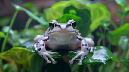 An evocative close-up of a frog gazing into the camera lens, perched on a glossy leaf under gentle light, makes for an intriguing view