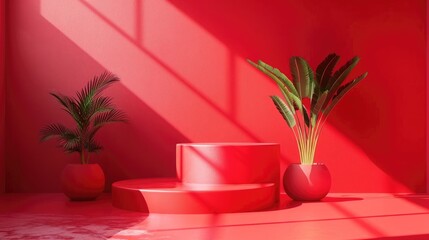 Minimal scene with red 3d cylinder podium or round