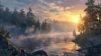 view of the river in the morning, tall pine trees growing around the river, morning dew covering the entire river area, beautiful sunlight in the corner of the picture. - obrazy, fototapety, plakaty