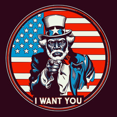 This is a stylized illustration of Uncle Sam in his classic top hat against the American flag, pointing directly at the viewer, with "I WANT YOU" boldly proclaimed.