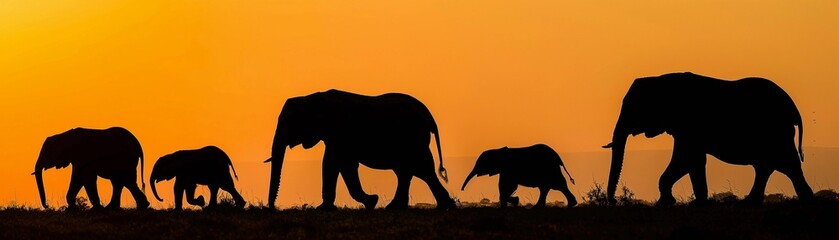 Fototapeta na wymiar Elephant Family, A silhouette of a family of elephants walking in a line