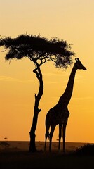 Fototapeta na wymiar Giraffe Silhouette, A silhouette of a giraffe standing tall against the horizon