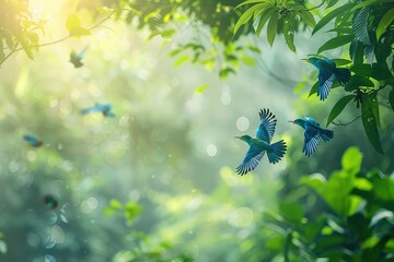 A serene scene of cerulean-colored birds cruising through the tropical canopy, their flight adding a sense of calm to the vibrant landscape
