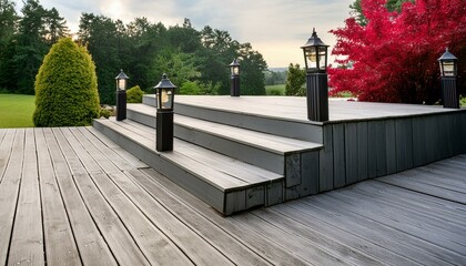 Ash grey composite decking two-tiered design with deck lights - perfect for landscape gardening projects - Powered by Adobe