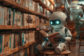 AI robot sitting and reading a book in a cozy library