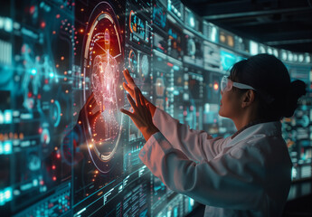 Healthcare meets technology in a concept image of a doctor using a holographic display to diagnose patients - Powered by Adobe