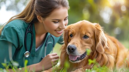 veterinarian with dog lying in green grass