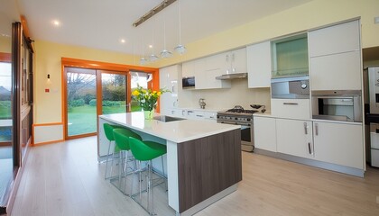big modern kitchen beautiful interior; new house in bright colors