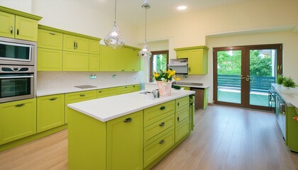 big modern kitchen beautiful interior; new house in bright colors