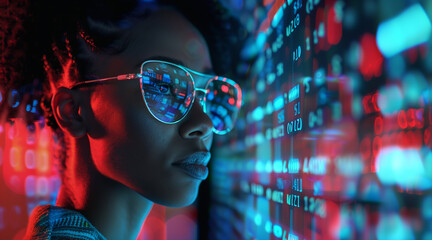 AI cyber security threat, black african american female IT specialist analysing data information technology, augmented reality artificial intelligence blue & red, matrix numbers, copy space - Powered by Adobe