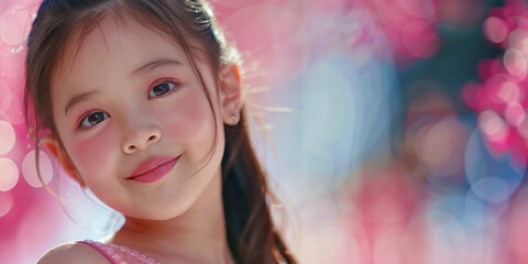 Fototapeta na wymiar little girl wearing a pink dress is smiling brightly.