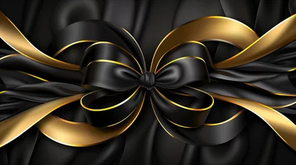 Fotobehang Black and gold ribbon with bow on black background. © Katsiaryna