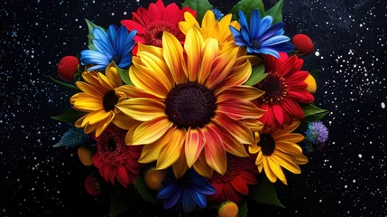 Fotobehang Bouquet of multicolored flowers on the background of the starry sky © Katsiaryna