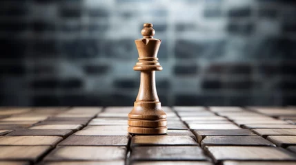 Fotobehang A chessboard made of wooden blocks, with a central king block directing smaller pieces, symbolizing strategic leadership in action, isolated bright background, space for text © Naret