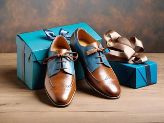 Fotobehang Men's Shoes with Gift Box and Bow in Masculine Blues and Browns - Father's Day Gift Guide Theme © Mahmud