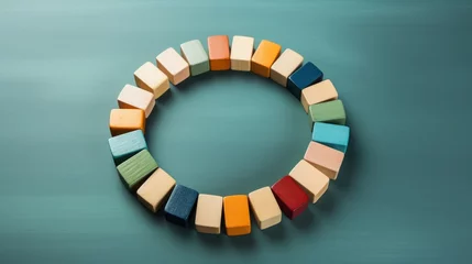 Fotobehang A circle of wooden blocks, each connected by a line to the center block, illustrating a leader's role at the ethical center of their team, bright and clear aesthetic, space for text © Naret
