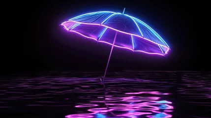 Fotobehang Glowing neon line Sun protective umbrella for beach icon isolated on black background. Large parasol for outdoor space. © haizah