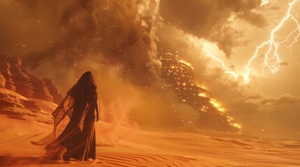 As a fierce desert storm rolled in swirling clouds of sand and lightning illuminated the towering figure of a Djinn their body wreathed . .