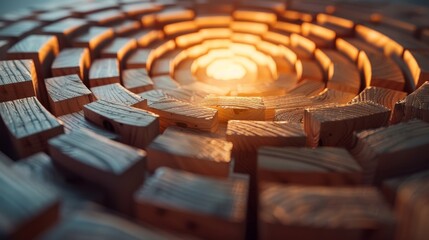 A spiral of wooden blocks leading to a central glowing block, illustrating a leader at the center of fostering growth and creativity, minimalist bright setting, space for text
