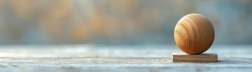 A wooden block balancing on a sphere, representing a leader maintaining agility and balance in changing conditions, isolated bright background, space for text