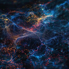 Digital abstract cyberspace many points and lines connecting data that lights up, internet transfer speed. Concept for technology, future, connectivity, data visualization.