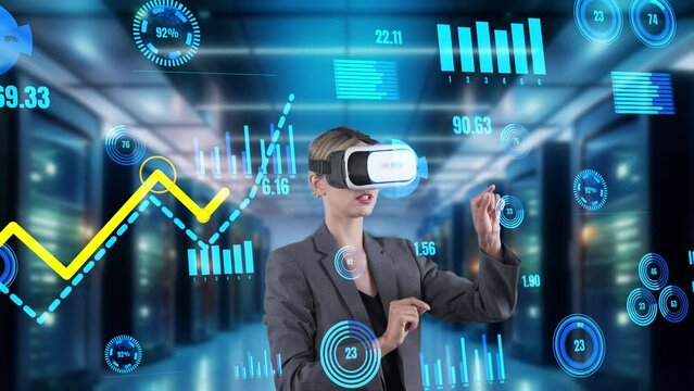 Businesswoman selecting digit dynamic market data scattering graph analysis monitor VR future global innovation interface digital infographic network technology visual hologram animation. Contraption.