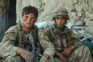 Fototapeta premium Memories of laughter and friendship mingle with the somber reality of lives cut short on the battlefield.