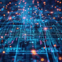 Obraz premium Digital abstract cyberspace many points and lines connecting data that lights up, internet transfer speed. Concept for technology, future, connectivity, data visualization.