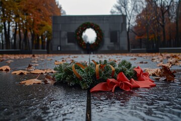 Wreaths adorned with ribbons and bows lay at the base of the memorial, symbols of remembrance and gratitude.