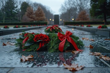 Wreaths adorned with ribbons and bows lay at the base of the memorial, symbols of remembrance and gratitude.