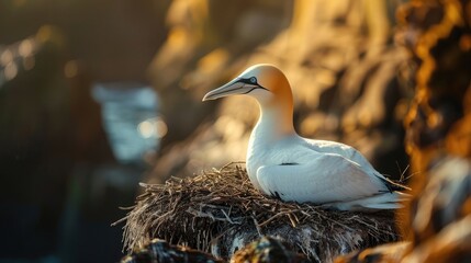 Northern Gannet Morus bassanus sitting on a nest