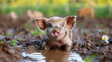 A pig happily rolling around in a muddy puddle, surrounded by lush green fields and farmyard animals.