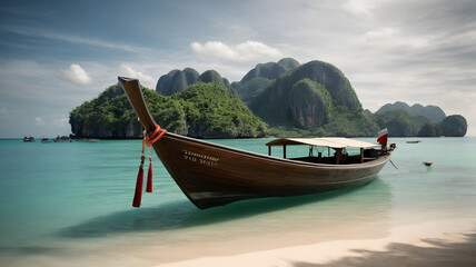 A boat is docked on a beach with a red ribbon tied to the bow