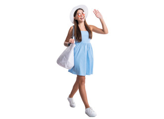 photo of teen girl in beach style, hello. teen girl in beach style isolated on white.