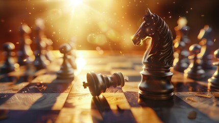 a horse on a chessboard with a fallen piece next to it