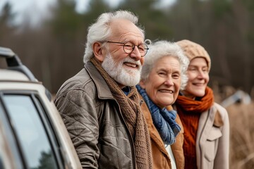 Happy senior couple looking at camera while standing near their car in autumn forest