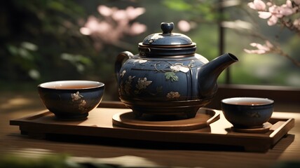 A teapot and two cups sit on a tray - Powered by Adobe