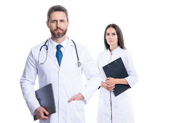 Fototapeta premium medicine and healthcare. doctor at hospital. doctor hold medical prescription. doctor internist with clipboard isolated on white. prescriber physician with nurse. prescription banner