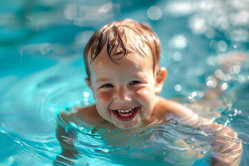 Happy young toddler learning to swim in pool on summer vacation. child swimming in clear blue water. Schools out concept