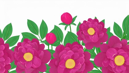 magenta peony flowers with green leaves isolated over white background; a place for your text