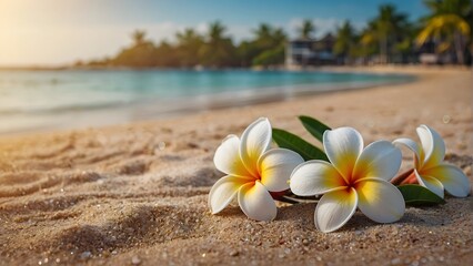 A beautiful bouquet of flowers is placed on the sand at the beach - Powered by Adobe